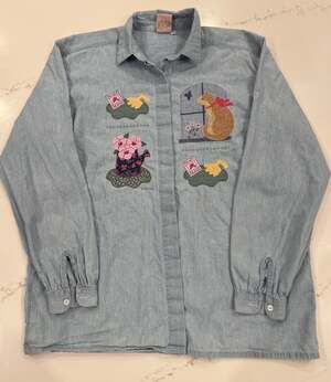 Vintage Valerie’s Folk Art Applique Cat Chambray Shirt XL 100% Cotton 90s Cottag